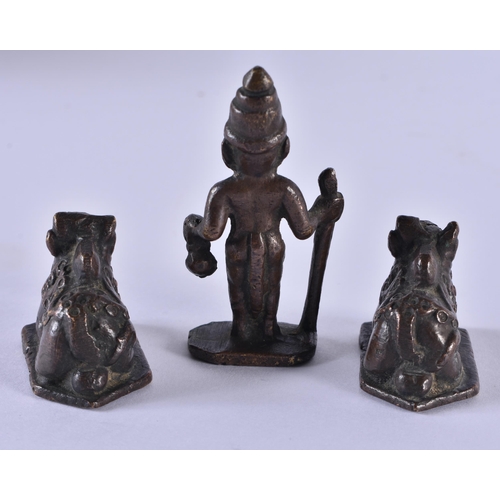 1052 - THREE ANTIQUE INDIAN BRONZES. 248.8 grams. 6.25cm x 3.25cm. (3)