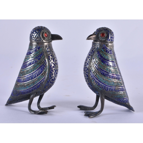 1054 - A RARE PAIR OF 19TH CENTURY PERSIAN INDIAN ENAMELLED SILVER CONDIMENTS formed as birds. 117 grams. 8... 