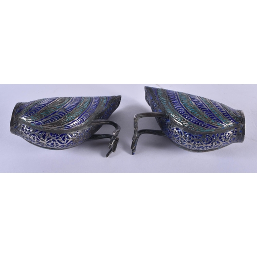 1054 - A RARE PAIR OF 19TH CENTURY PERSIAN INDIAN ENAMELLED SILVER CONDIMENTS formed as birds. 117 grams. 8... 