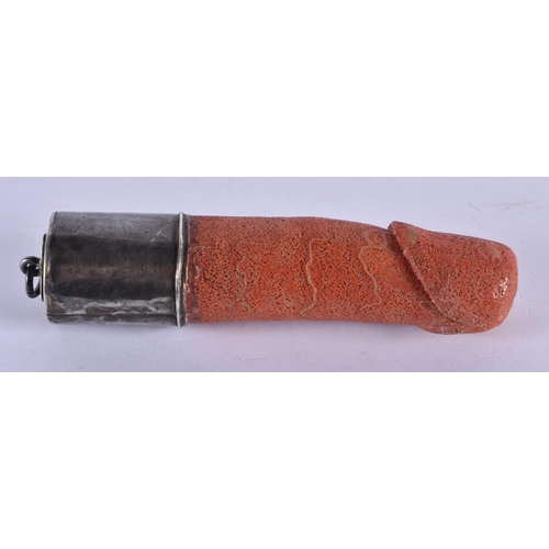 1056 - AN 18TH/19TH CENTURY ITALIAN CARVED CORAL PHALLUS PENDANT with silver mounts. 14.5 cm x 3.5 cm.