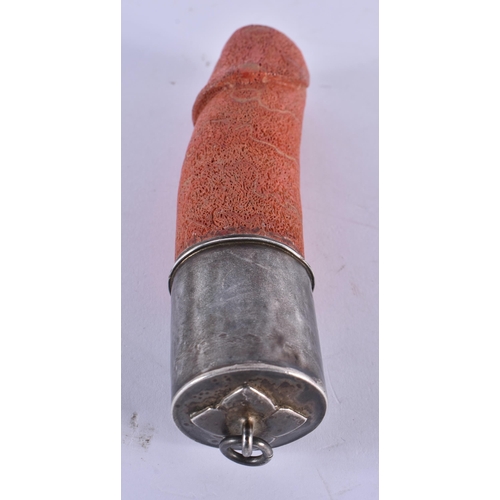 1056 - AN 18TH/19TH CENTURY ITALIAN CARVED CORAL PHALLUS PENDANT with silver mounts. 14.5 cm x 3.5 cm.