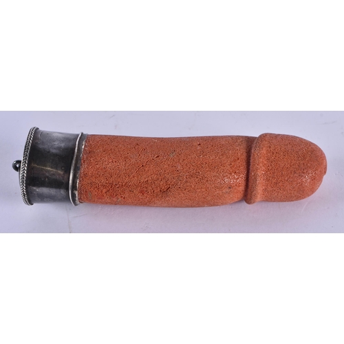 1057 - AN 18TH/19TH CENTURY ITALIAN CARVED CORAL PHALLUS PENDANT with silver mounts. 12.5 cm x 3.25cm.