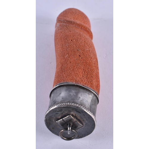 1057 - AN 18TH/19TH CENTURY ITALIAN CARVED CORAL PHALLUS PENDANT with silver mounts. 12.5 cm x 3.25cm.