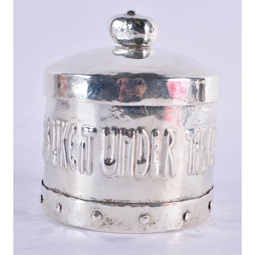 1070 - AN ARTS AND CRAFTS SILVER PLATED A E JONES GUILD OF HANDICRAFTS SILVER PLATED HERB JAR AND COVER. 29... 