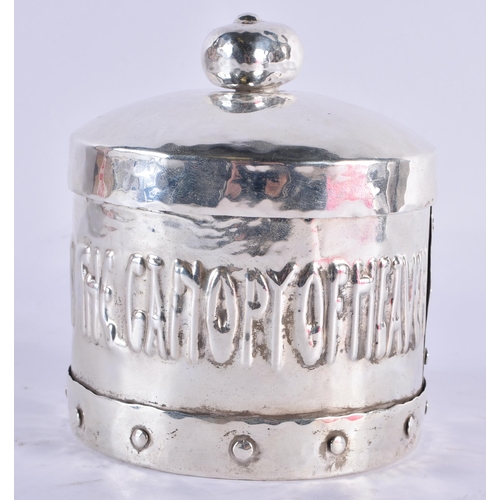 1070 - AN ARTS AND CRAFTS SILVER PLATED A E JONES GUILD OF HANDICRAFTS SILVER PLATED HERB JAR AND COVER. 29... 