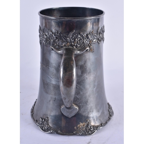 1083 - AN EARLY 20TH CENTURY TWIN HANDLED DERBY SILVER PLATED SHOOTING CUP. 812 grams. 20 cm x 18.5 cm.