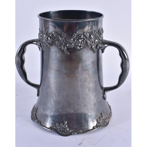 1083 - AN EARLY 20TH CENTURY TWIN HANDLED DERBY SILVER PLATED SHOOTING CUP. 812 grams. 20 cm x 18.5 cm.