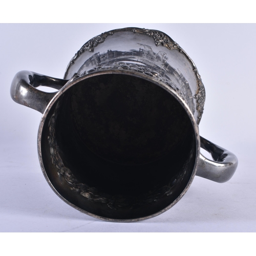 1083 - AN EARLY 20TH CENTURY TWIN HANDLED DERBY SILVER PLATED SHOOTING CUP. 812 grams. 20 cm x 18.5 cm.