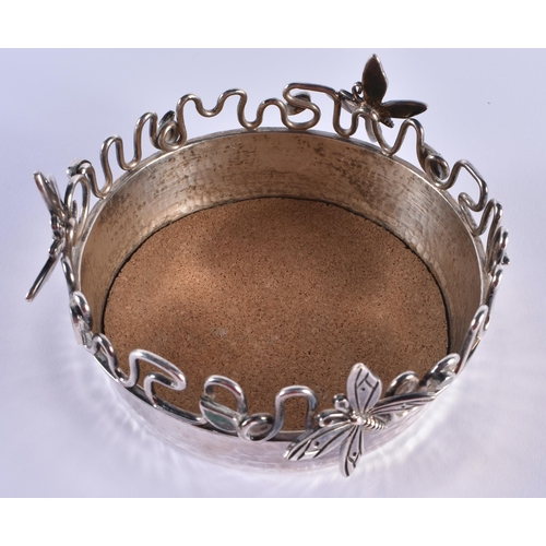 1092 - AN UNUSUAL SILVER PLATED ENAMEL BUTTERFLY COASTER. 297 grams. 13.5 cm diameter.