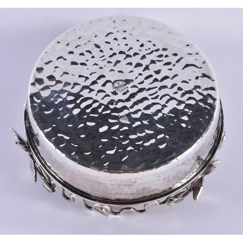 1092 - AN UNUSUAL SILVER PLATED ENAMEL BUTTERFLY COASTER. 297 grams. 13.5 cm diameter.