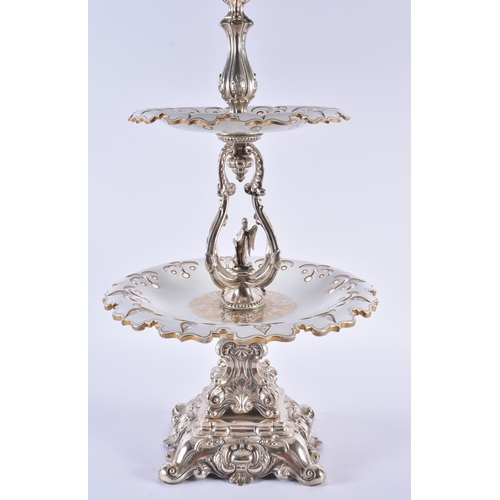 1094 - A RARE LARGE 19TH CENTURY CONTINENTAL SILVER AND BOHEMIAN GLASS EPERGNE formed on a rococo base with... 