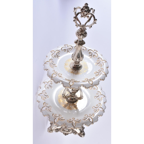 1094 - A RARE LARGE 19TH CENTURY CONTINENTAL SILVER AND BOHEMIAN GLASS EPERGNE formed on a rococo base with... 