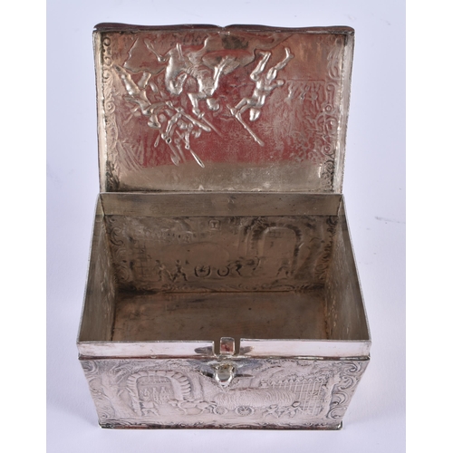 1100 - AN ANTIQUE DUTCH SILVER REPOUSSE BOX decorated with a battle scene. 212 grams. 8.75 cm x 6.5 cm.