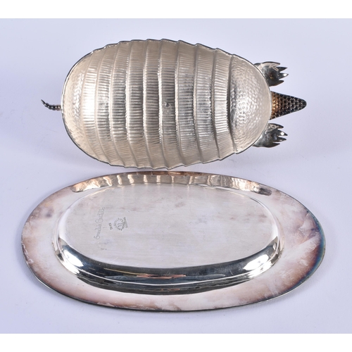 1103 - A SILVER PLATED EMILIA CASTILLO ARMADILLO ENAMELLED BUTTER DISH AND COVER. 534 grams. 20.5 cm x 13.5... 