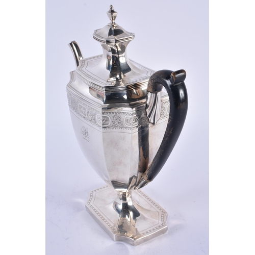 1109 - AN EARLY 19TH CENTURY LONDON SILVER BRIGHT CUT ARMORIAL COFFEE POT. 921 grams. 28 cm x 18 cm.