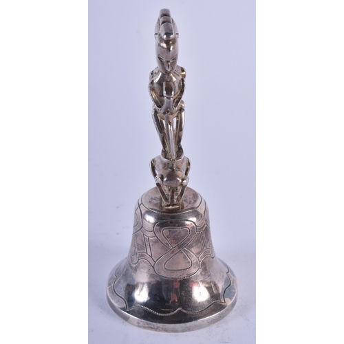 1115 - AN UNUSUAL TRIBAL SILVER ENGRAVED BELL. 152 grams. 13 cm high.