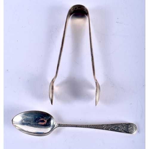 1126 - A CASED SET OF ANTIQUE SCOTTISH SILVER SPOONS & TONGS. Glasgow 1881. 231 grams. Largest 12.5 cm long... 