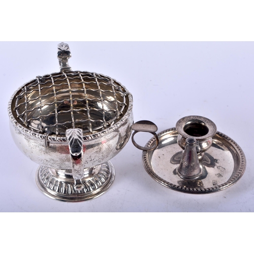 1128 - A TWIN HANDLED SILVER POT POURRI AND COVER together with a silver chamberstick. London 1964 etc. 317... 