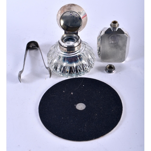 1129 - A RARE CHRISTOFLE HALLMARKS SILVER PLATED COASTER together with a plated hip flask & tongs & a silve... 