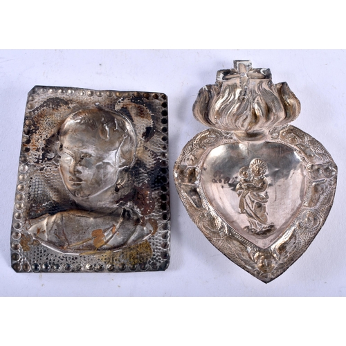 1146 - TWO 18TH/19TH CENTURY DUTCH REPOUSSE SILVER VOTIVE. 10 grams. Largest 9 cm x 6.5 cm. (2)