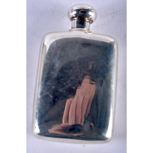 1150 - AN ANTIQUE ENGLISH SILVER MINIATURE HIP FLASK SCENT BOTTLE. 20.5 grams. 6 cm x 3.5 cm.