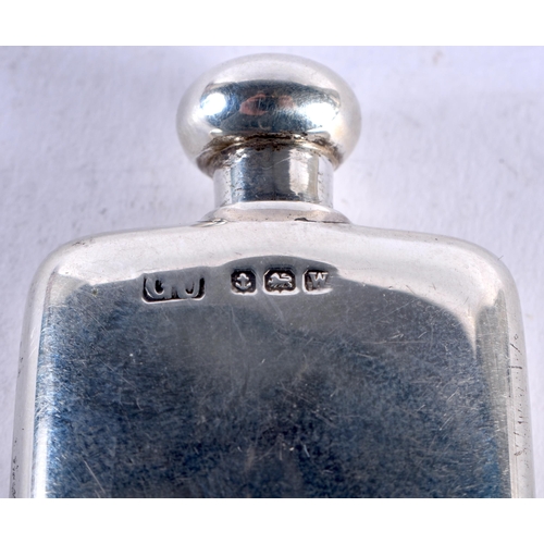 1150 - AN ANTIQUE ENGLISH SILVER MINIATURE HIP FLASK SCENT BOTTLE. 20.5 grams. 6 cm x 3.5 cm.