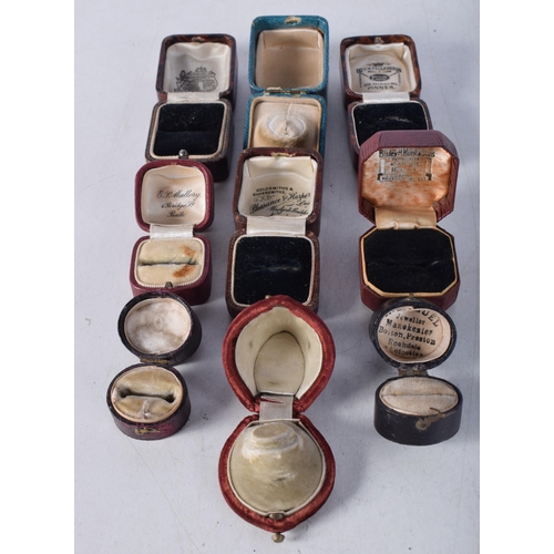 1227 - NINE ANTIQUE JEWELLERY RING BOXES. Largest 3.75 cm square. (9)