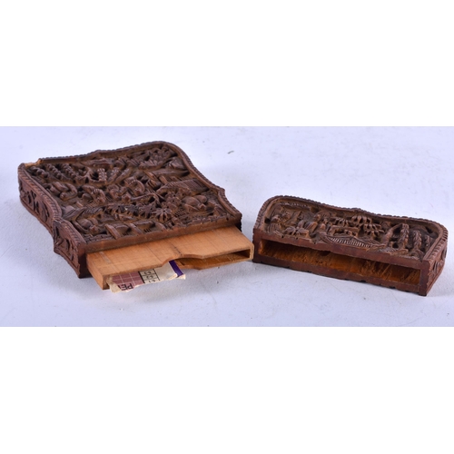 1256 - A Cantonese Carved Wood Card Case. 10.7cm x 7cm x 1.4cm