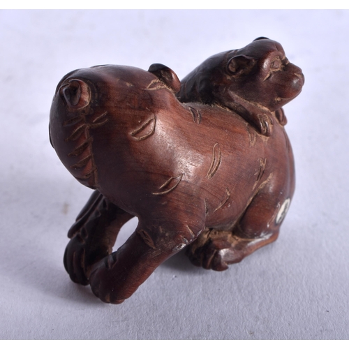 1263 - A Carved Hardwood Netsuke in the form of a Beast with a Cub on its back. 3.3cm x 4.3cm x 2.8cm, weig... 