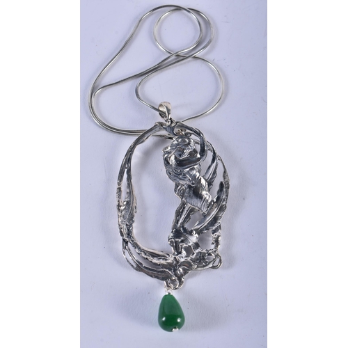 1268 - A Silver Art Nouveau Style Mermaid Pendant Necklace with a Green Jade Droplet. Stamped 925. Chain 46... 