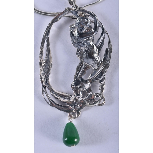 1268 - A Silver Art Nouveau Style Mermaid Pendant Necklace with a Green Jade Droplet. Stamped 925. Chain 46... 