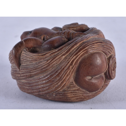 1284 - A Carved Hardwood Netsuke in the form of a Mythical Beast in a Basket. 3.2cm x 5.1cm x 5.6cm, weight... 