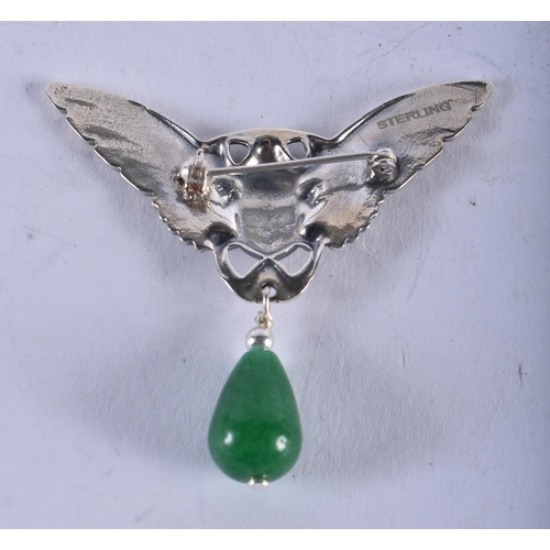 1289 - A Sterling Silver Scarab Brooch with a Jade Dropper. Stamped Sterling. 5.2cm x 5.2cm, weight 12.1g