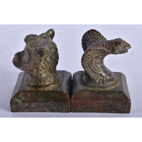 1307 - Two Bronze Seals with a Cobra and Wolf Head Finial. Largest 4cm x 3.2cm x 3.3cm, total weight 223g (... 