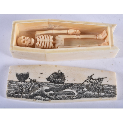 1351 - A CONTINENTAL BONE SCRIMSHAW COFFIN. 137 grams. 11.5 cm x 4.5 cm.