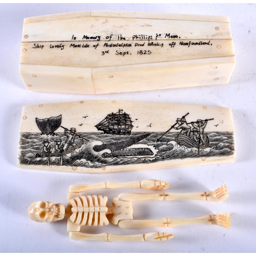 1351 - A CONTINENTAL BONE SCRIMSHAW COFFIN. 137 grams. 11.5 cm x 4.5 cm.