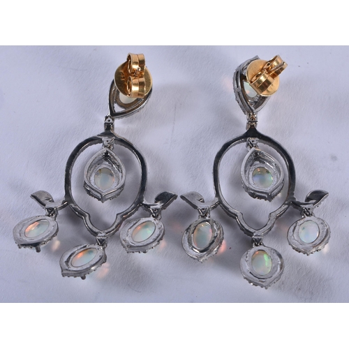 1362 - A 14CT GOLD SILVER AND OPAL EARRINGS. 12 grams. 5.25cm x 2.75 cm.