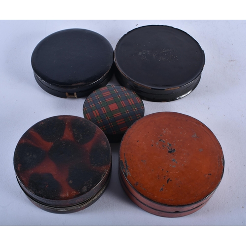 1382 - FIVE ANTIQUE SNUFF BOXES. Largest 9 cm diameter. (5)