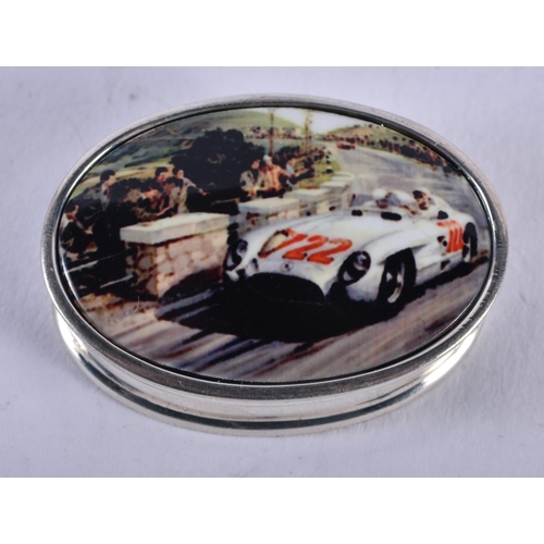 1387 - A SILVER RACING CAR BOX AND COVER. 21 grams. 3.75 cm x 2.75 cm.