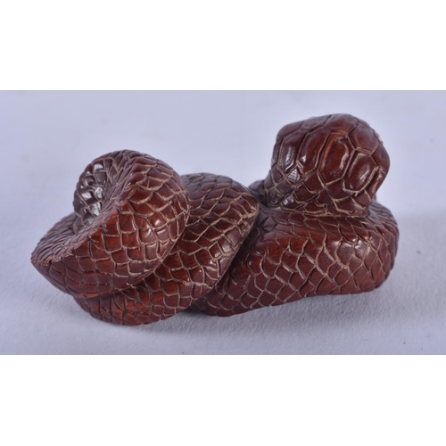 1408 - A JAPANESE BOXWOOD SNAKE NETSUKE. 13 grams. 2.5 cm x 5.25cm.