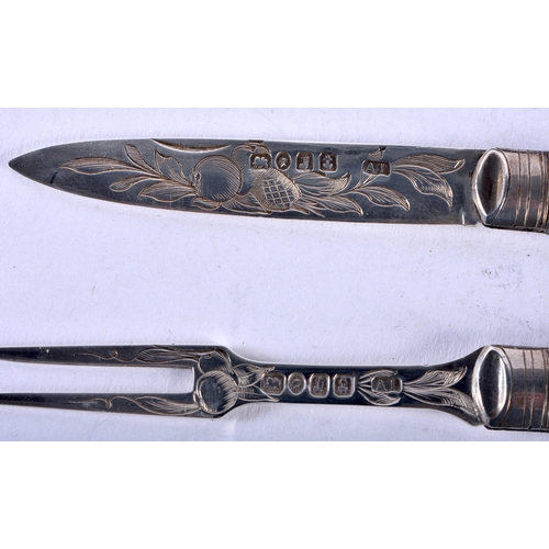 1414 - A Rare Victorian Silver Cased Folding Fruit Knife and Fork set with Engraved Blade and Tine, with Mo... 