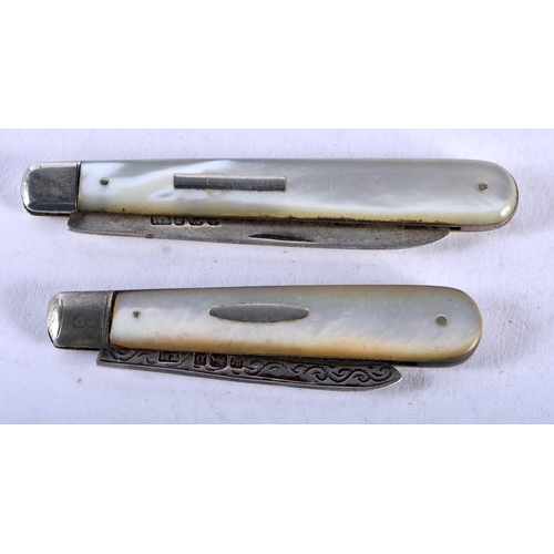 1416 - Two Victorian Mother of Pearl Handled Folding Fruit Knives with Silver Blades (1 with engraving). Ha... 