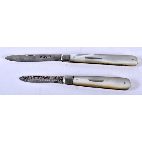 1416 - Two Victorian Mother of Pearl Handled Folding Fruit Knives with Silver Blades (1 with engraving). Ha... 