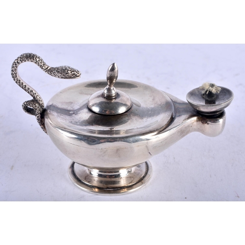 1421 - Novelty Silver Snake Handled Table Top Cigar Lighter in the form of Aladdin's Lamp . Hallmarked Birm... 