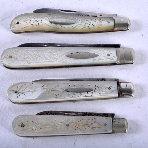 1423 - Four Victorian Silver Blade Folding Fruit Knives, each with various decorated Mother of Pearl Handle... 