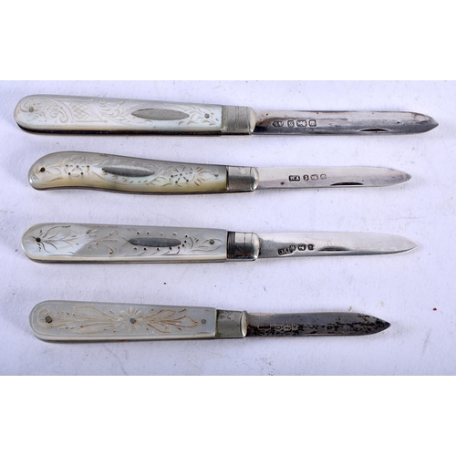 1423 - Four Victorian Silver Blade Folding Fruit Knives, each with various decorated Mother of Pearl Handle... 