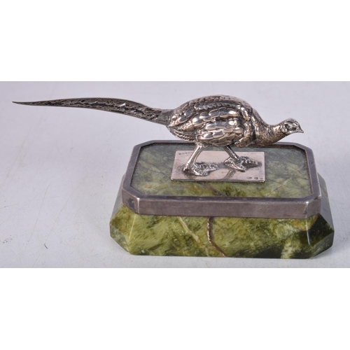 1445 - A Novelty Silver Pheasant Paperweight Hallmarked Birmingham 1904 on a Silver Mounted Marble Base. Ha... 