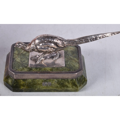 1445 - A Novelty Silver Pheasant Paperweight Hallmarked Birmingham 1904 on a Silver Mounted Marble Base. Ha... 