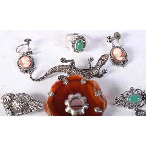 1463 - ASSORTED ANTIQUE SILVER MOUNTED JEWELLERY. 71 grams. Largest 6.5 cm x 1.75 cm. (qty)