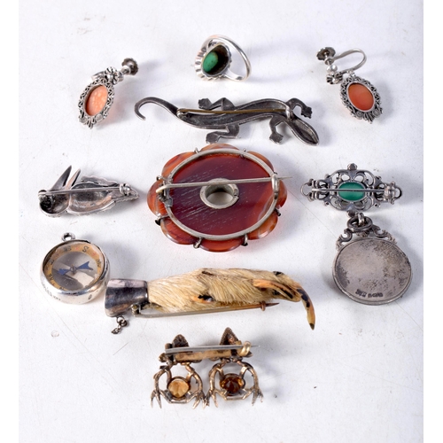 1463 - ASSORTED ANTIQUE SILVER MOUNTED JEWELLERY. 71 grams. Largest 6.5 cm x 1.75 cm. (qty)